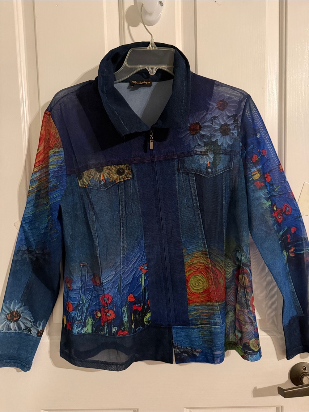 Blue Demin Patchwork Floral Print Sheer Jacket with Shell.